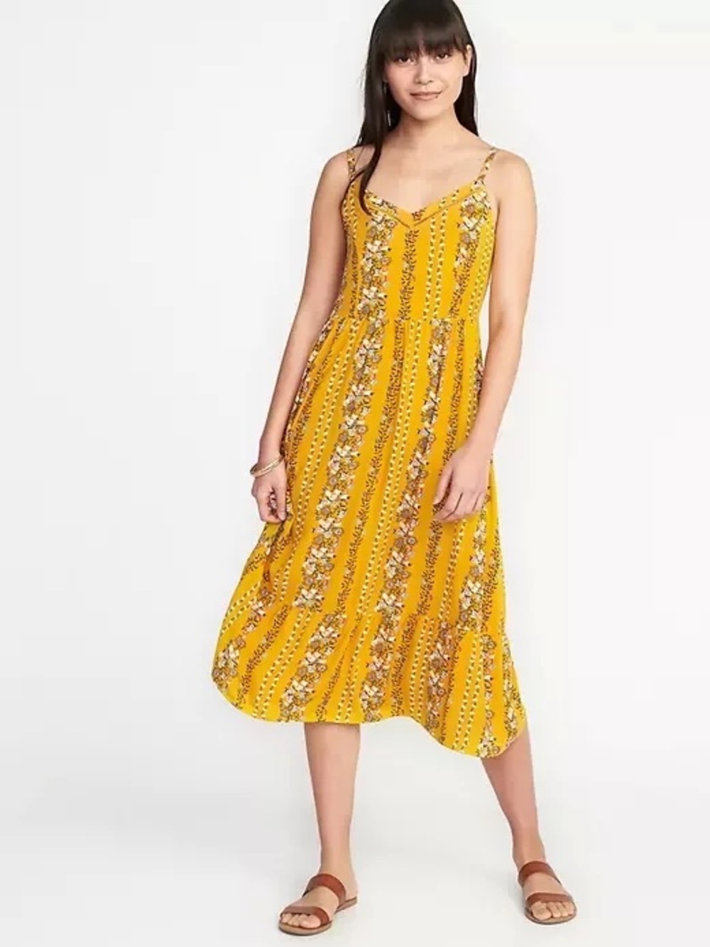 NWT Old Navy Fit & Flare Striped Cami Midi Yellow Floral M